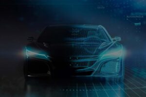Wireframe of an autonomous vehicle on a digital grid